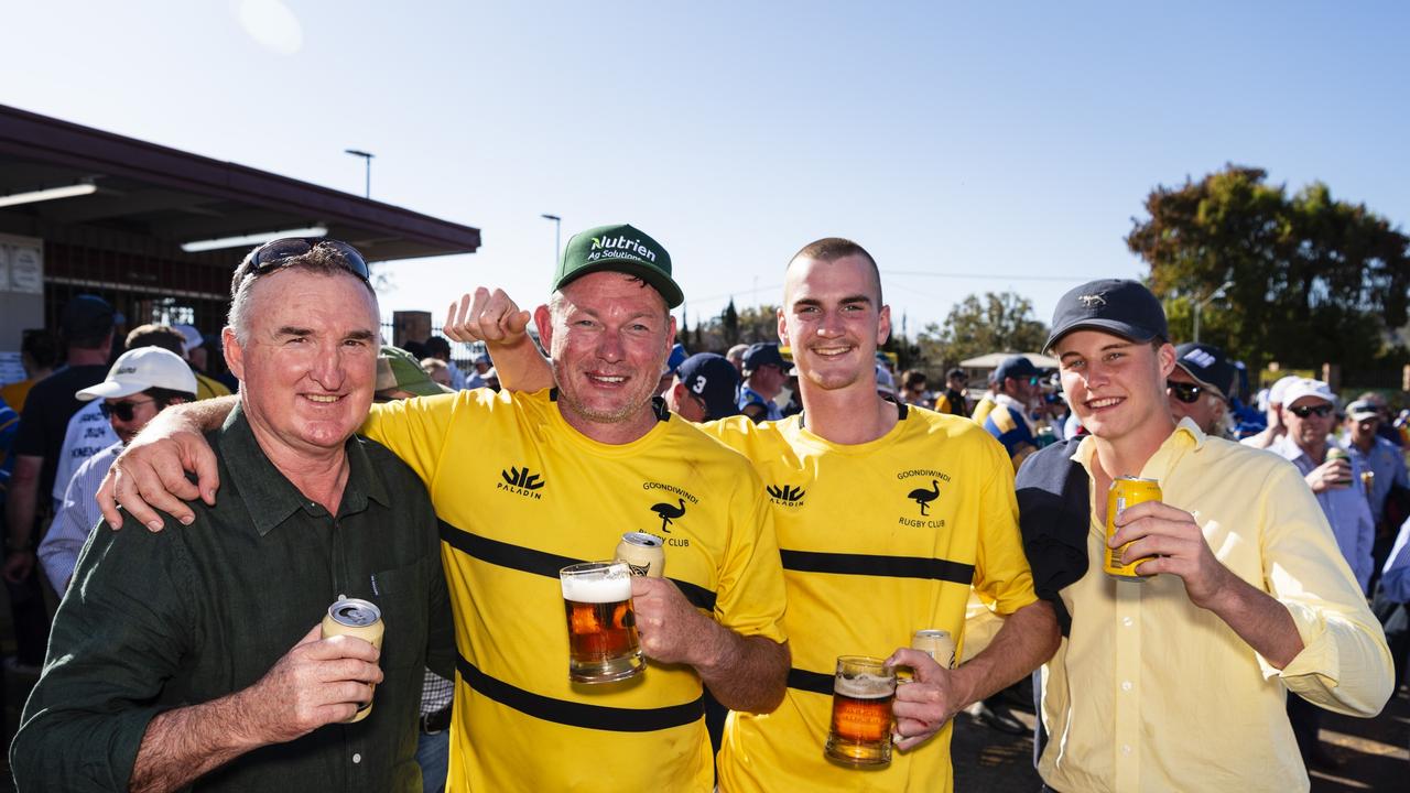 Goondiwindi Emu supporters and players (from left) John Ryan, Andrew Macpherson, Johnny Ryan and Archer Woods on Downs Rugby grand final day at Toowoomba Sports Ground, Saturday, August 24, 2024. Picture: Kevin Farmer