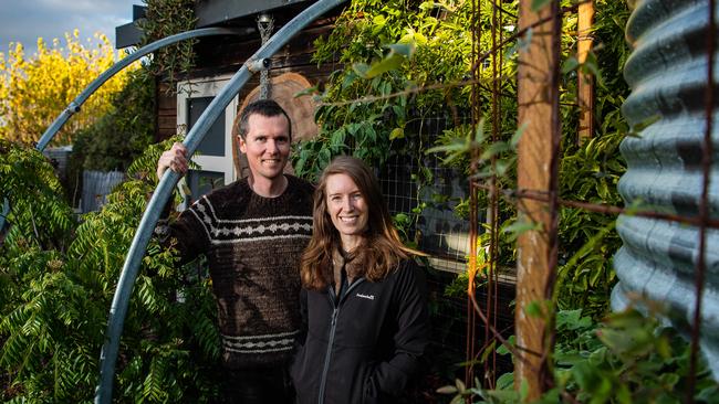 Dani Austin and Sam Ryan set up in Aldinga Eco Village in 2018 and since then have planted a range of vegetation to green their home. Picture: Tom Huntley