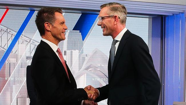 Opposition Leader Chris Minns and NSW Premier Dominic Perrottet shake hands before their debate. Picture: NCA Newswire / Gaye Gerard