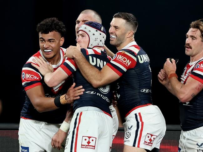 The Roosters need the Titans to beat Penrith, but their hopes of securing a home qualifying final have received a boost, after surviving a late comeback from bitter rivals South Sydney.. Picture: Getty Images