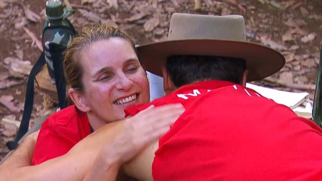 Reggie Bird and Matty J embrace following an emotional chat to air on I'm A Celebrity ... Get Me Out Of Here! tonight. Picture: Supplied