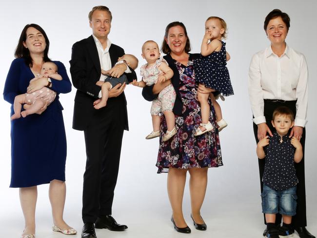 Liberal MPs with their children. From left: Felicity Wilson with two-month-old daughter Eleanor; James Griffin with three-month-old son Ted; Melanie Gibbons with daughters Audrey, 2, and Elizabeth, 1; and Tanya Davies with son Harry, 2. Picture: Jonathan Ng