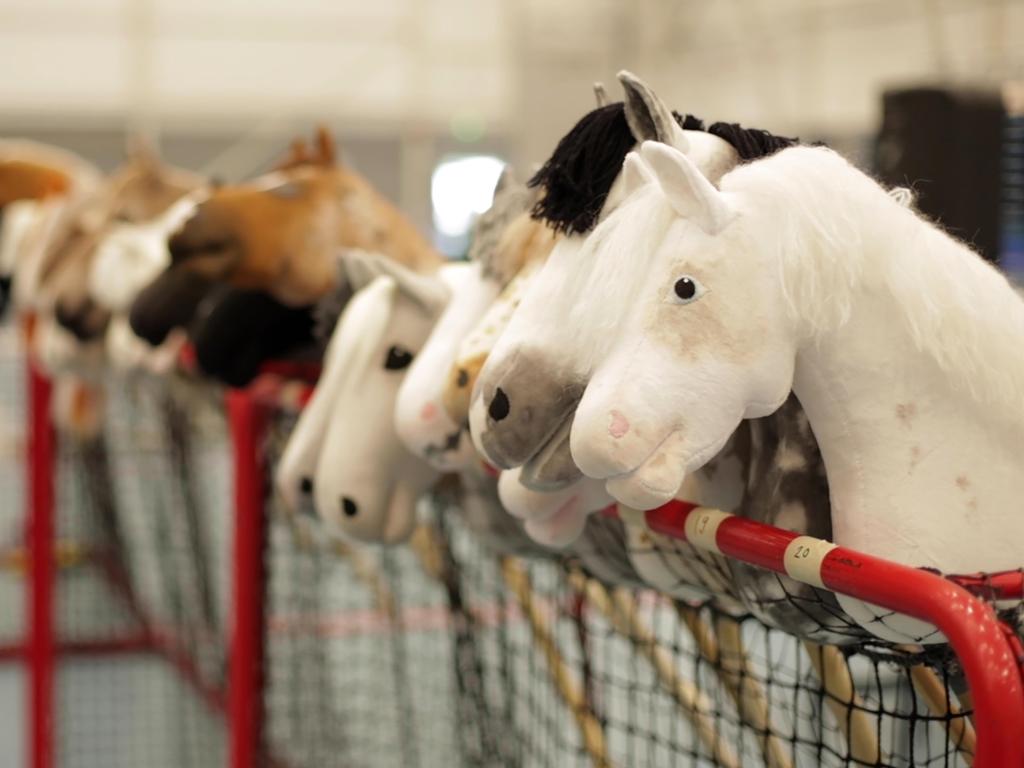 Dozens of hobby horses are lined up ready to be ridden during the 8th Hobby Horse championships in Seinajoki, Finland on Saturday, June 15, 2019. More than 400 hobby horse enthusiasts took part in the show, competing on stylish toy horses in various events inspired by real equestrian events. (AP Photo/from APTN Video)