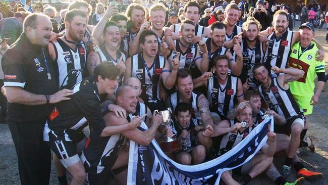 Belgrave celebrates the AFL Yarra Ranges Division 2 premiership last year. Picture:  Robyn Kuys