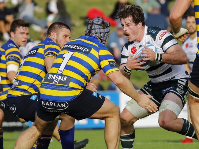 Rugby's Shute Shield 2020 is under way with champs Sydney University (stripes) taking on Warringah Rats at Rat Park on Saturday. Supplied 18/7/20 PICTURE KAREN WATSON.  Warringah v SUFC, Rd 1 Shute Shield 2020 at Pittwater Rugby Park - Saturday 18th July 2020.