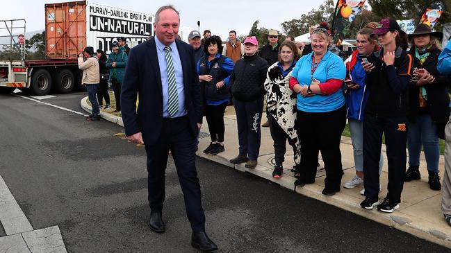 Barnaby Joyce meets protesters at the Can the Plan Rally at Parliament House in Canberra. on Monday. Picture: Kym Smith