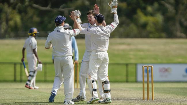 Elsternwick bowler Jacob Kerr is congratulated by teammates after taking a wicket against Moorabbin. Picture: Valeriu Campan