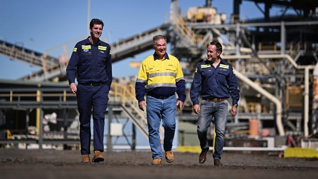 New Acland Mine general manager Dave O’Dwyer, state Resources Minister Scott Stewart and New Hope Group CEO Rob Bishop on Tuesday. Picture: Lyndon Mechielsen