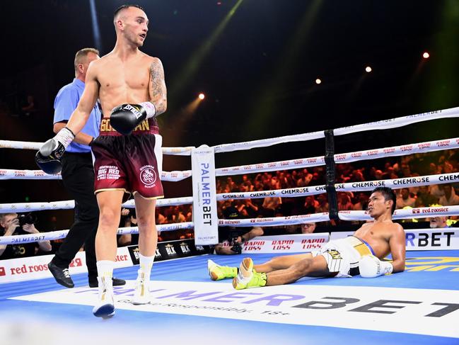 Sam Goodman TKOs former world title challenger Ritchie Mepranum. Picture: Jeremy Piper