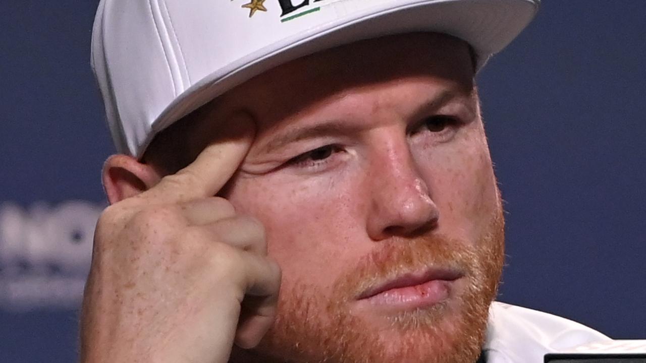\WBC/WBA/WBO super middleweight champion Canelo Alvarez looks on during a news conference at MGM Grand Garden Arena.