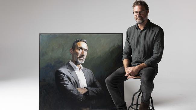 Johannes Leak with his portrait of Alex Ryvchin. Picture: Ryan Osland