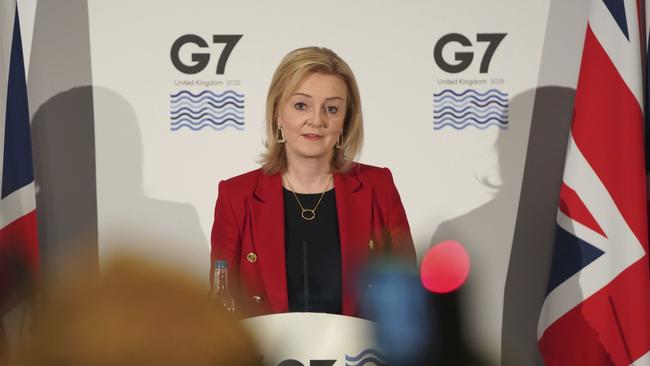 British Foreign Secretary Liz Truss at the end of the two-day G7 foreign ministers conference in Liverpool, England. Picture: Getty Images