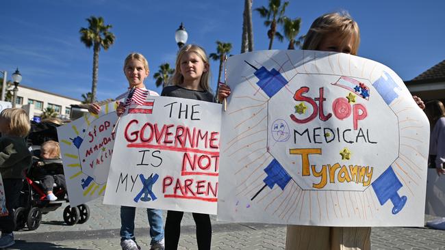 People demonstrate against Covid-19 vaccine mandates for students in Huntington Beach, California. Picture: AFP