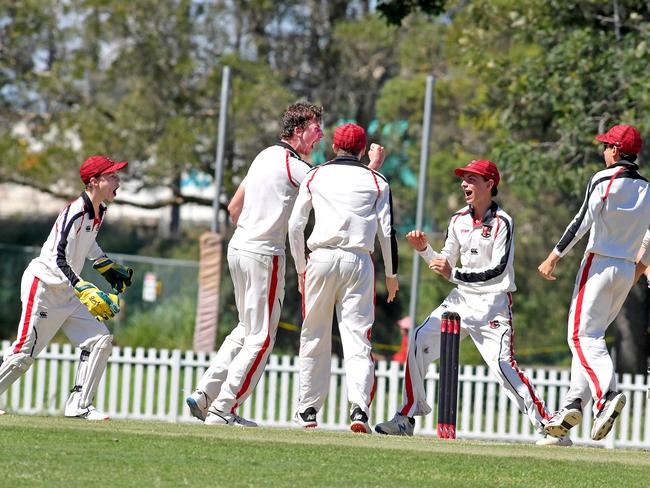 Terrace celebrate a wicket.GPS First XI cricket match between The South Sport School and Terrace.Saturday March 27, 2021. Picture, John Gass