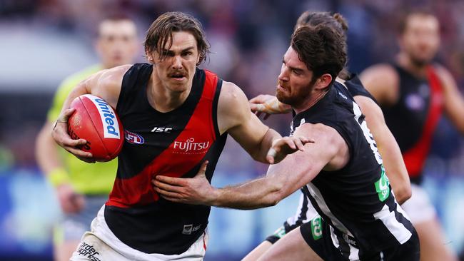 Joe Daniher pushes Tyson Goldsack out of the way. Picture: Michael Klein