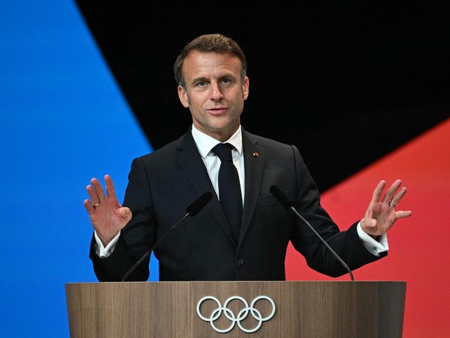 French President Emmanuel Macron speaks after the French Alps was awarded the 2030 Winter Games. Picture: AFP