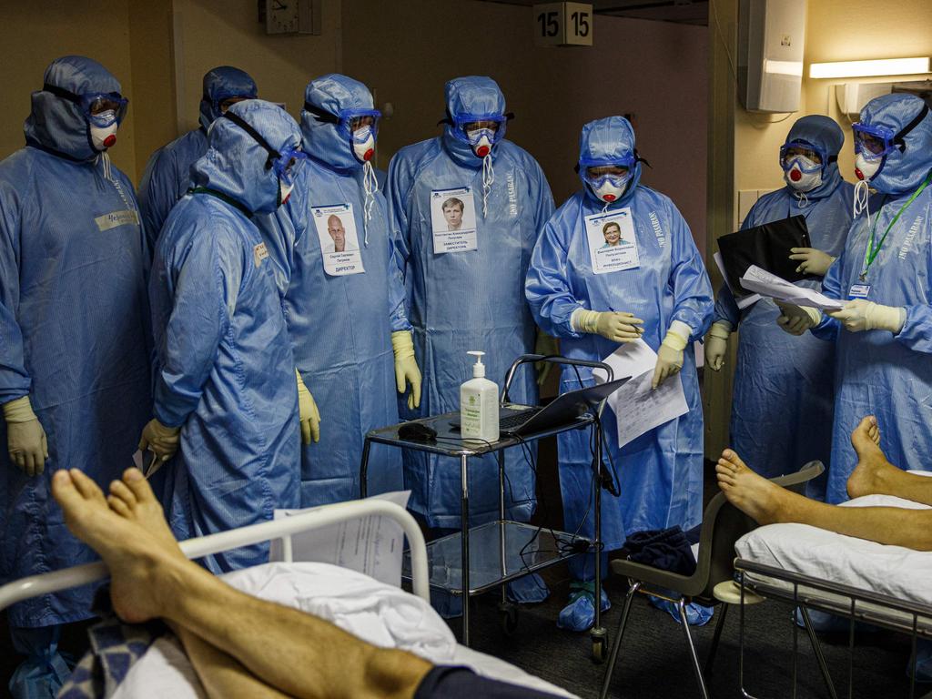 Medics work in the intensive care unit for Covid-19 patients in the Moscow Sklifosovsky emergency hospital. Picture: AFP