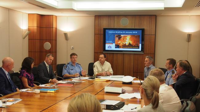 Tasmanian Cabinet is briefed on the state's deteriorating bushfire situation by emergency services chiefs at the Executive Building in Hobart on Tuesday January 22, 2019.