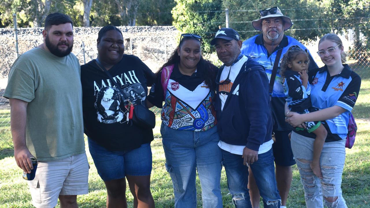 Jeremiah White, Sharwana Namok, Britney Willie, Shawn White, Roland Purcell, Chloe Dale and Helene Fauid at Norths Chargers' inaugural TBMMBEKIND Day at the Gymmy Grounds, Rockhampton, on July 20, 2024.