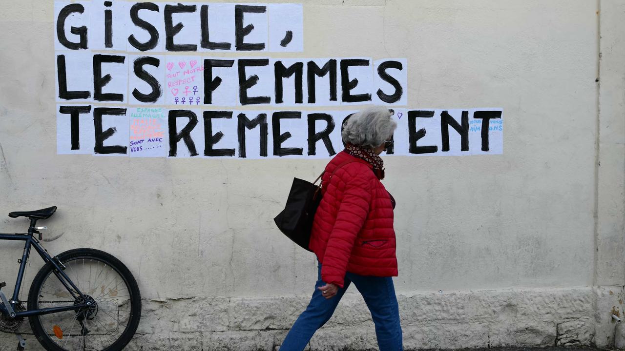 A mural reading "Gisele, women thank you" near the Avignon court. Picture: Christophe Simon/AFP