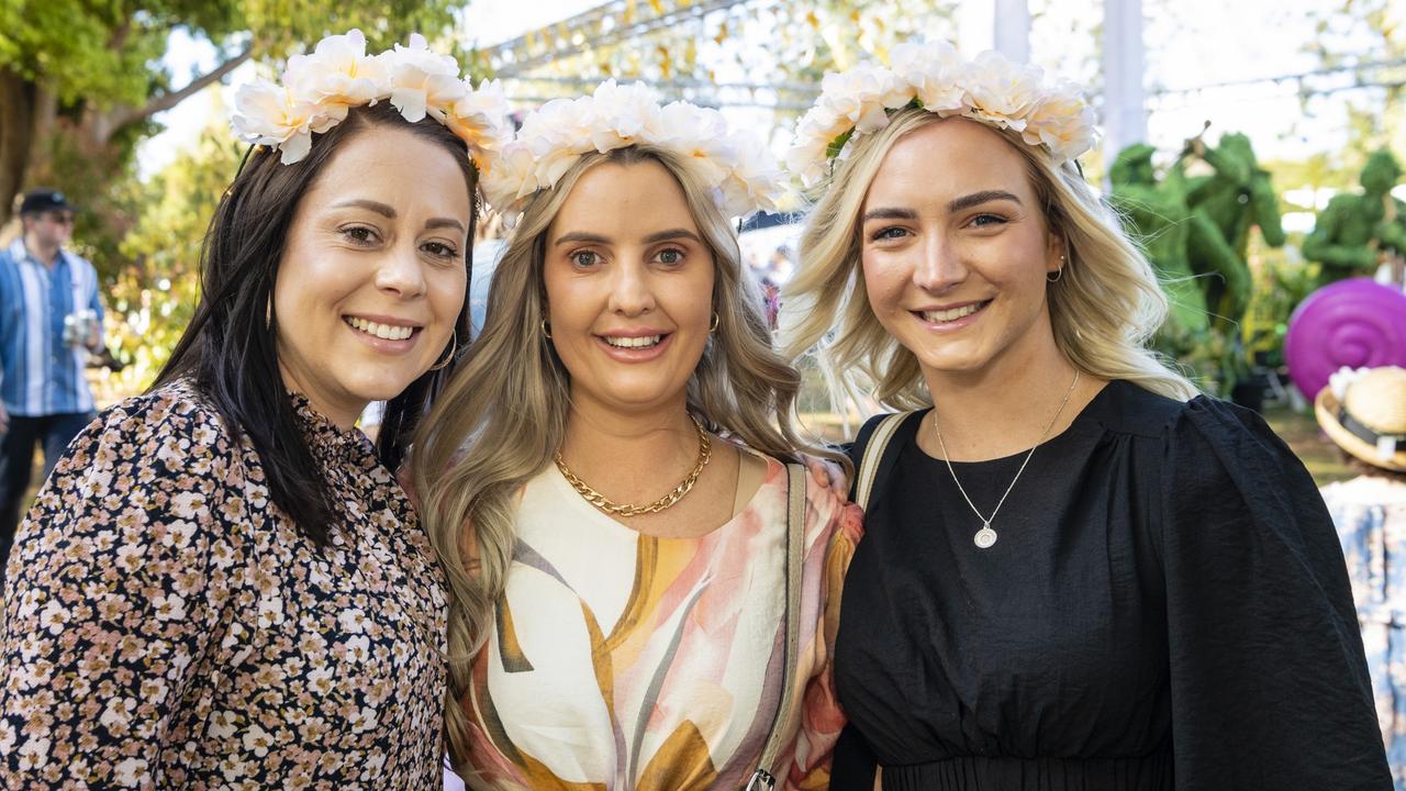 At the Festival of Food and Wine are (from left) Felicity Dearling, Tina Johnson and Abbie Batzloff, Carnival of Flowers 2022, Saturday, September 10, 2022. Picture: Kevin Farmer