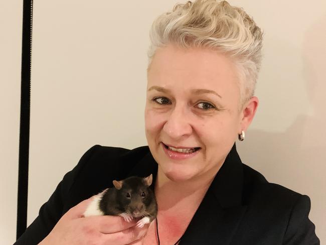 Paula Wallace, Director and Founder of the Liberty Foundation Australia Limited animal rescue group, with Banjo the ex-lab rat. Picture: Liberty Foundation Australia