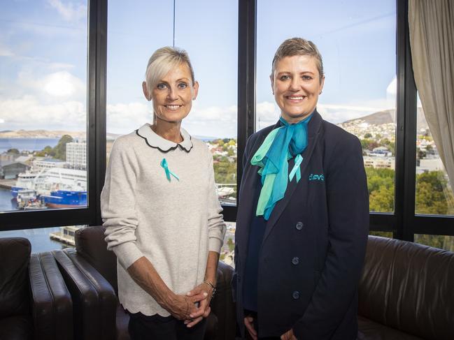 Minister Elise Archer with Jo Harris at the Ovarian Cancer Awareness Afternoon Tea in early 2020, when Jo’s cancer was briefly in remission. Picture: Richard Jupe