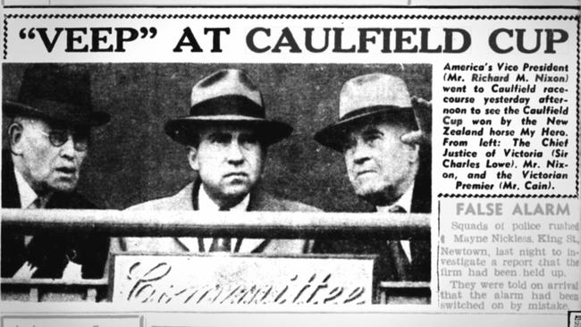 A 1953 newspaper article about Richard Nixon’s attendance at the Caulfield Cup. Picture: Trove