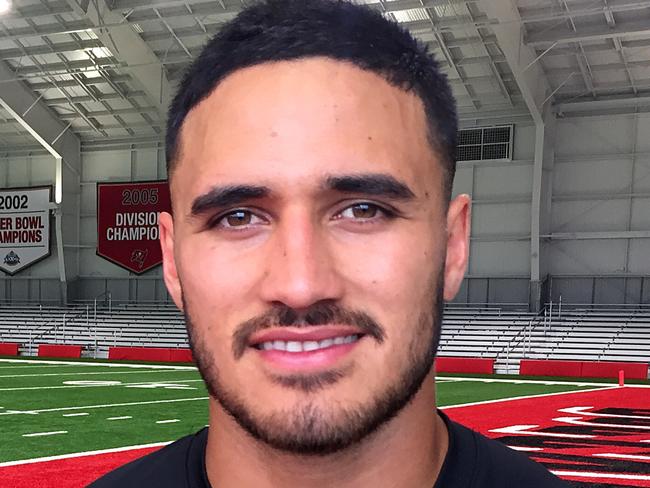 Former NRL player Valentine Holmes is seen during a "Pro Day" as part of the NFL's International Pathway program on Monday, April 1, 2019.  Holmes and six other international athletes were picked for the NFL?s International Pathway program were measured, performed speed and agility drills and caught balls thrown by a quarterback. (AAP Image/Peter Mitchell) NO ARCHIVING