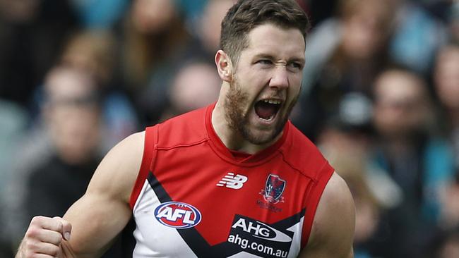 AFL - Port Adelaide v Melbourne at Adelaide Oval. James Frawley celebrates his goal. Photo Sarah Reed.