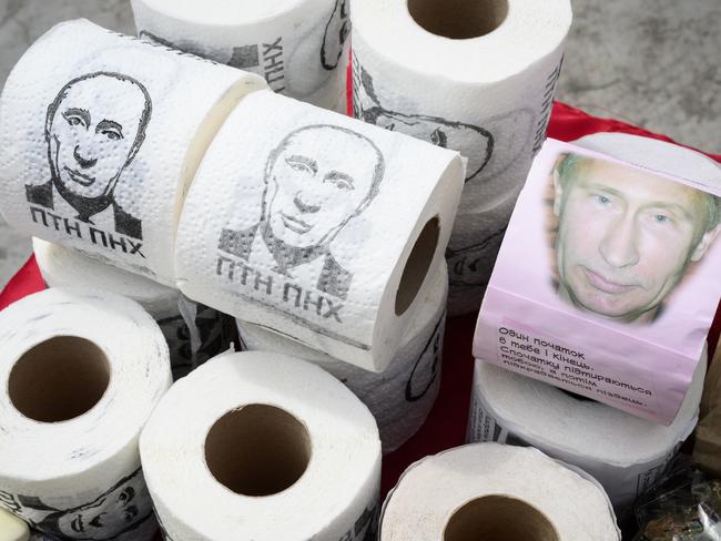 Satirical toilet paper featuring the face of Russian President Vladimir Putin is seen on April 28, 2022 in Lviv, Ukraine. Picture: Leon Neal/Getty Images