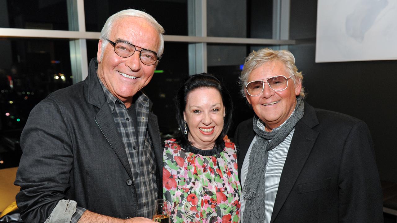 The Golden Years of Modelling Sandy Clarke reunion cocktail party at the Crowne Plaza Hotel, Adelaide. George and Harry with Leonie McLeod.