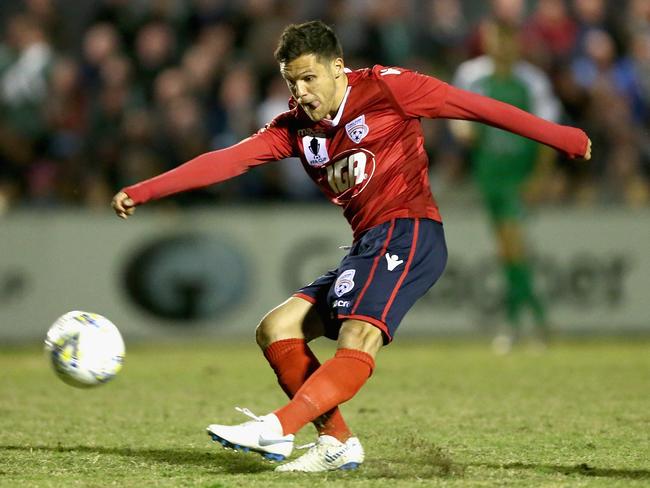 MELBOURNE, AUSTRALIA - OCTOBER 05:  Mirko Boland of Adelaide United kicks during the FFA Cup semifinal match between Bentleigh Greens SC and Adelaide United at Kingston Heath Soccer Complex on October 5, 2018 in Melbourne, Australia.  (Photo by Robert Prezioso/Getty Images)