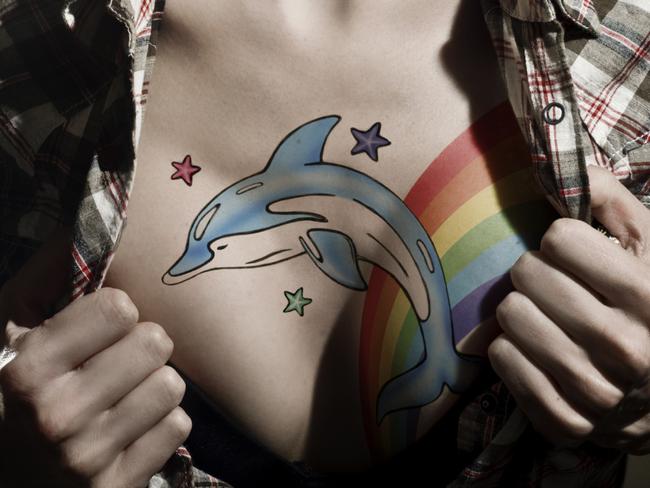 Training a dolphin to jump over a rainbow or something. Blah. Also an example of a very, very lame tattoo.