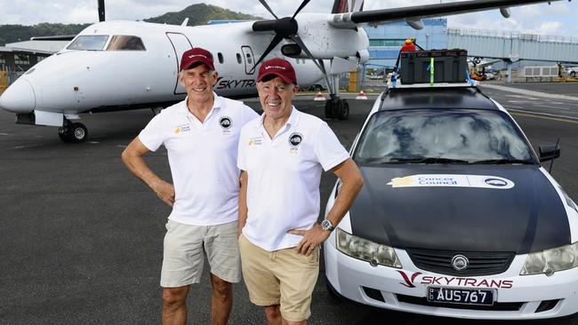 Retired pilots and next door neighbours Bruce Milne and Rolly Griffin have entered the Shitbox Rally and will fundraise for the Cancer Council by driving a $600 Holden Commodore from Mackay to Darwin. Local aviation company Skytrans is sponsoring the pair who will complete the rally over 7 days. Picture: Brendan Radke