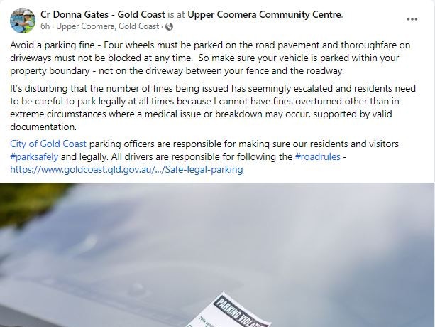 A Facebook post regarding council parking fines made by Deputy Mayor Donna Gates.