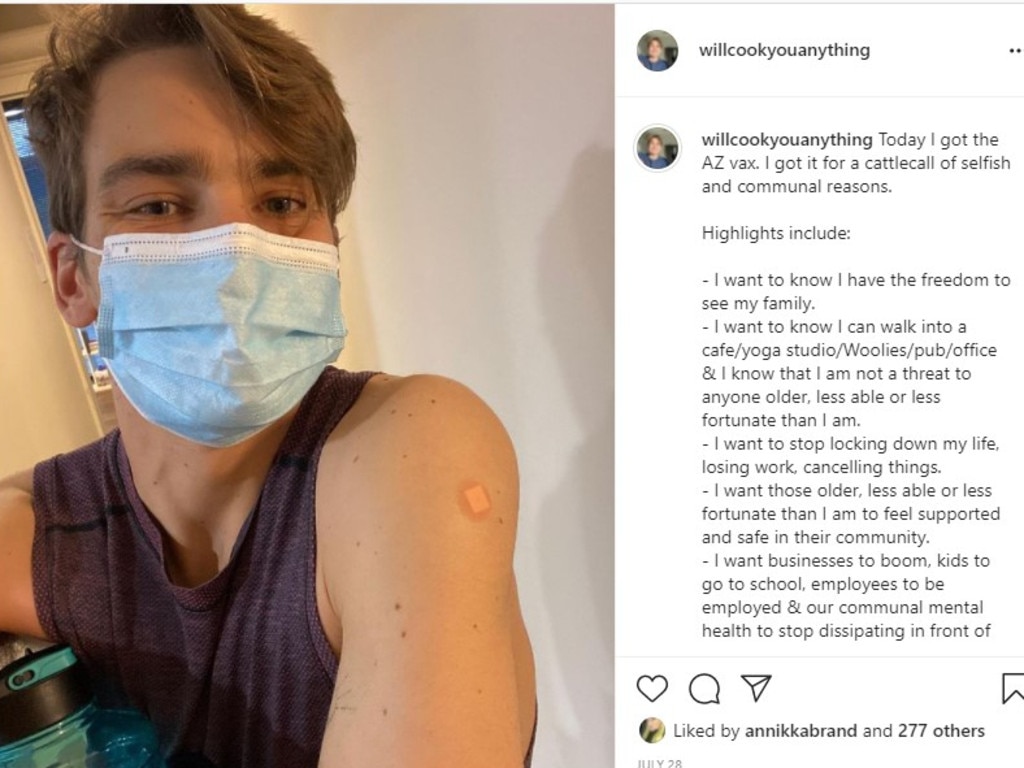 Will Cook, 23, got his AstraZeneca vaccine three weeks ago. Picture: Instagram.