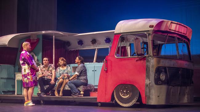 (From left) Dylan Ashton, Brendan Thomas-Ryland and Nathan Chant chat to director Mary Quade. Priscilla Queen of the Desert rehearsal at the Empire Theatre. Tuesday, September 7, 2021. Picture: Nev Madsen.