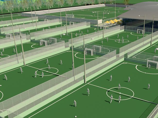 An artist’s impression of the 10 synthetic five-a-side pitches at the new Gepps Cross State Centre of Football. Picture: Supplied