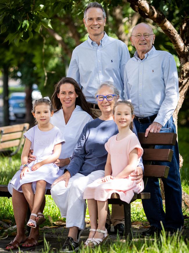 <s1>Tim James and wife Nikki with daughters Chloe, 6, and Madeleine, 4 and Tim’s parents Bruce and Trish. </s1><s1>Picture: Julian Andrews</s1>