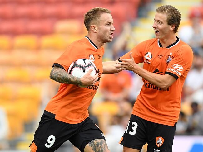 BRISBANE, AUSTRALIA - OCTOBER 21:  Adam Taggart of the Roar celebrates a goal during the round one A-League match between the Brisbane Roar and the Central Coast Mariners at Suncorp Stadium on October 21, 2018 in Brisbane, Australia.  (Photo by Bradley Kanaris/Getty Images)