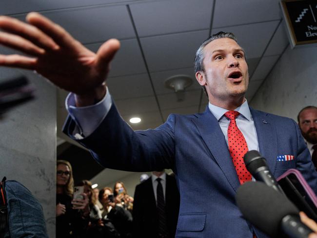 Secretary of Defence nominee Pete Hegseth speaks to reporters after meeting with politicians on Capitol Hill on Thursday. Picture: Getty Images