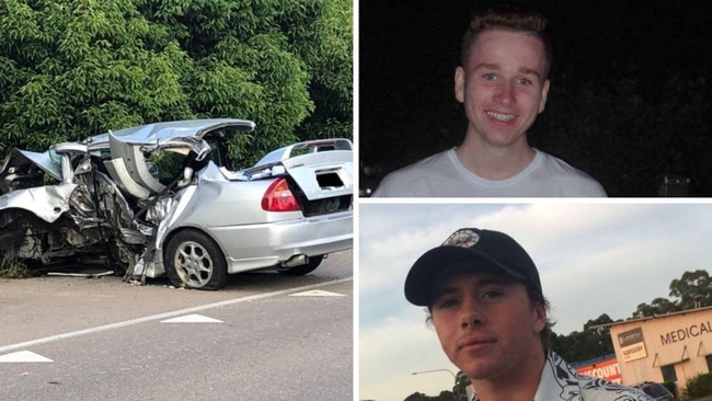 Driver Lleyton Van Spronssen (top right) was on a cocktail of drugs when he lost control and ploughed into a tree. The impact killed his mate Rhys Morris (bottom right), a court has heard.