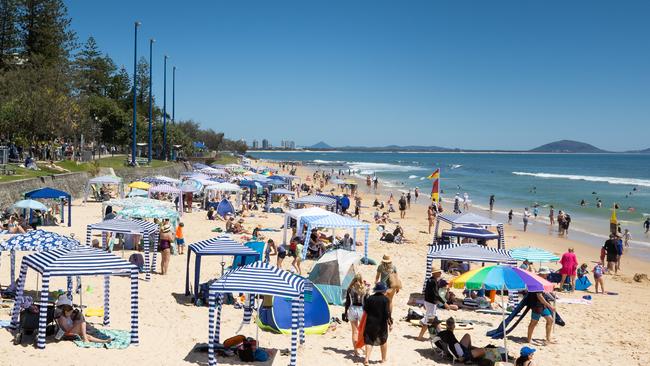 Crowds at Mooloolaba Beach on the Sunshine Coast. Photo: Lachie Millard