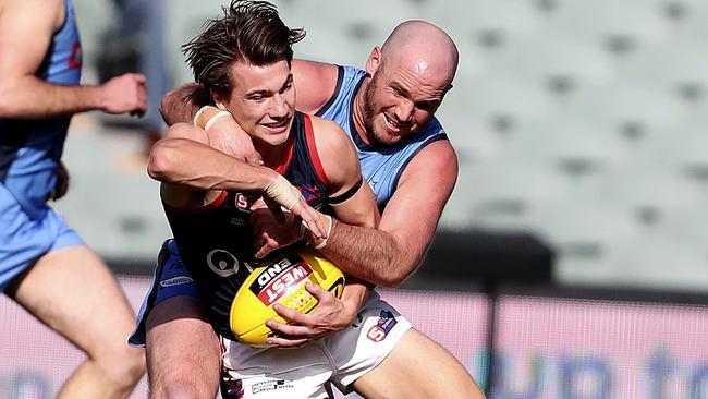 Sturt captain Zane Kirkwood takes Josh Richards high in the elimination final at Adelaide Oval. Picture: Sarah Reed