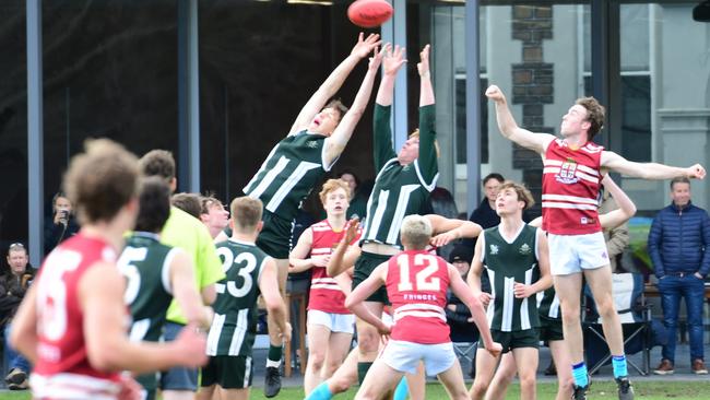 Action from the Prince Alfred v Westminster round five college footy clash. Picture: Leo Panzarino