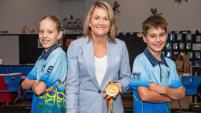 2x Paralympian and gold medalist Katie Kelly OAM with the school captains Marina Regojevic and Lucas Atkins from Stuart Park Primary, Monday, October 23, 2023. Picture: Pema Tamang Pakhrin.