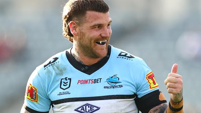 GOSFORD, AUSTRALIA - JULY 19: Josh Dugan of the Sharks signals to the crowd after winning the round 10 NRL match between the New Zealand Warriors and the Cronulla Sharks at Central Coast Stadium on July 19, 2020 in Gosford, Australia. (Photo by Cameron Spencer/Getty Images)