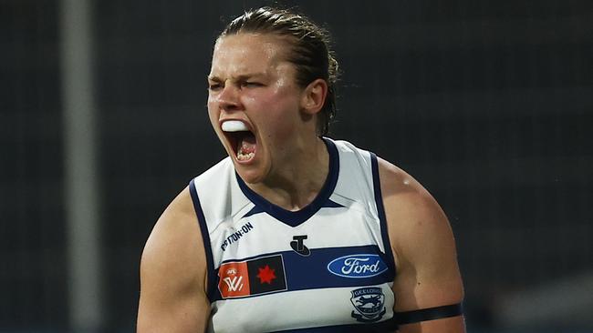 Chloe Scheer celebrates a Cats goal. Picture: Daniel Pockett/Getty Images