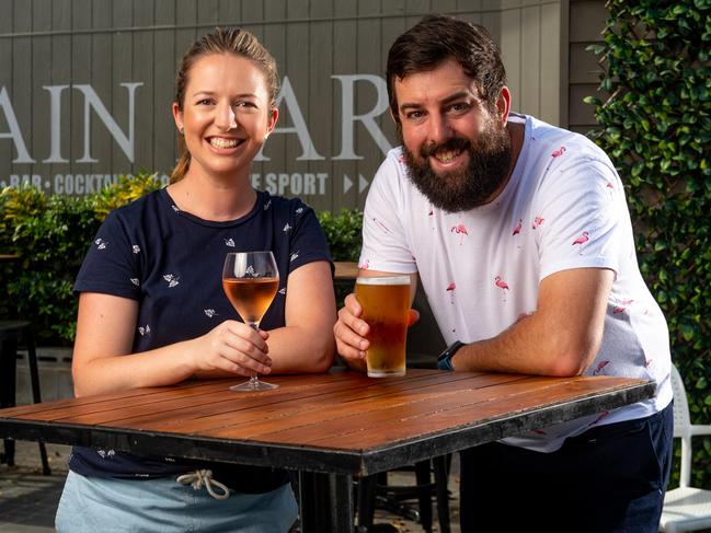 <s1>Hotel Darwin owners Penny Phillips and Brett Lubicz share a drink in anticipation of their venue reopening</s1>. Picture: Che Chorley